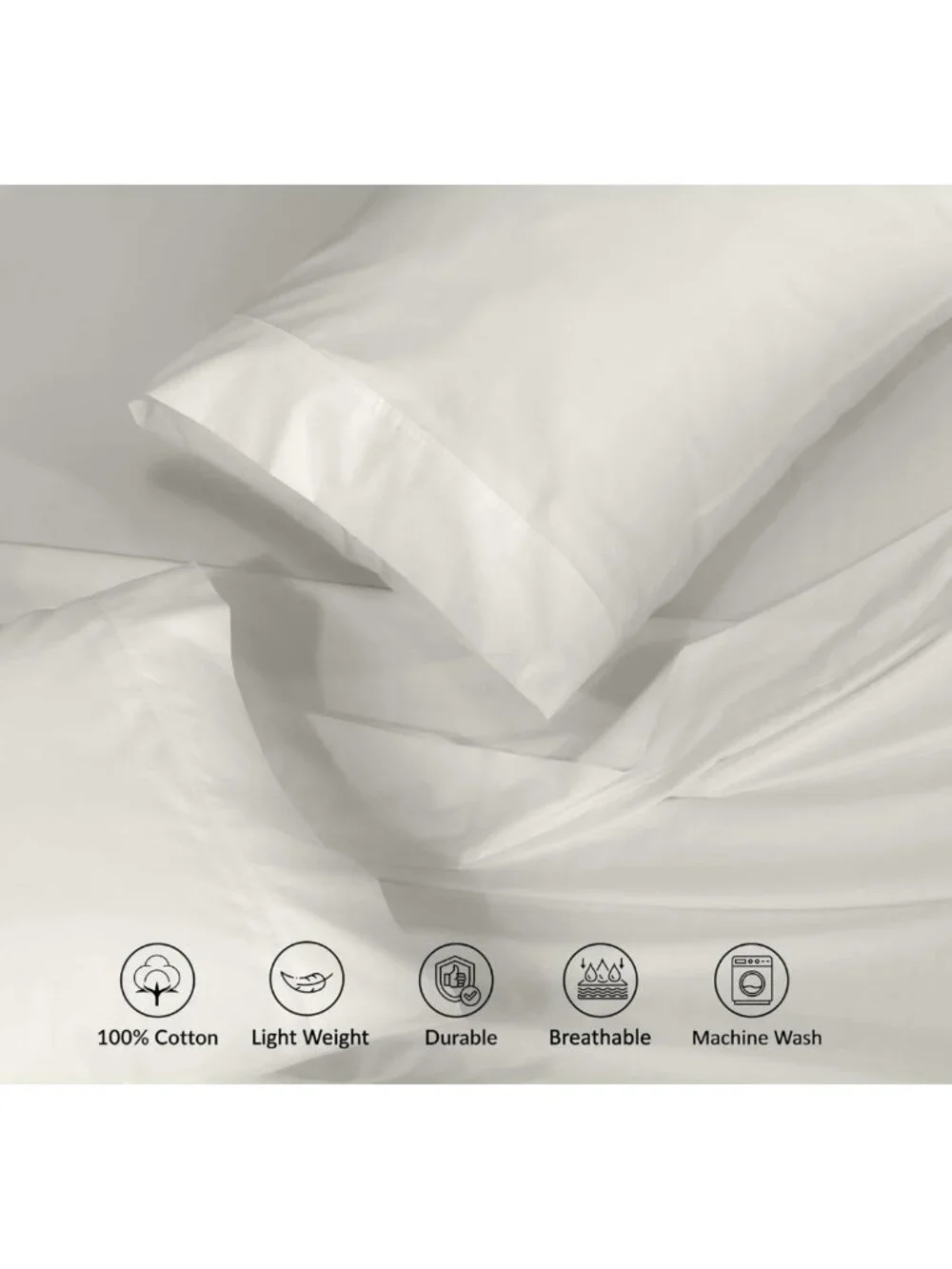 Queen Size 100% Cotton Percale Sheets Set - Ivory, Crisp Cooling, Deep Pocket 16